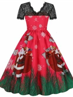 Women's Christmas Swing Dress Vintage DressKnee Length Dress Green Wine Dark Green Fuchsia Red Black Short Sleeve Santa Claus Snowman Snowflake Lace Print Fall Winter V Neck Vacation Vintage 2022 S -LIGHTINTHEBOX Shop umvxbk1665293369948