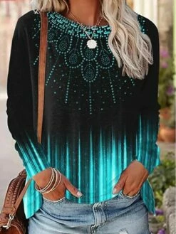 Women's T Shirt Tee Blue Graphic Color Gradient Print Long Sleeve Daily Weekend Fashion Round Neck Regular Fit Painting Spring &Fall