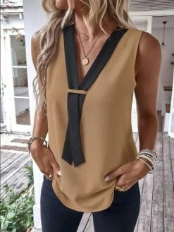 Women's Tank Top Black Brown Green Color Block Sleeveless Casual Basic V Neck Regular Fit -LIGHTINTHEBOX Shop unvlcw1679912969473
