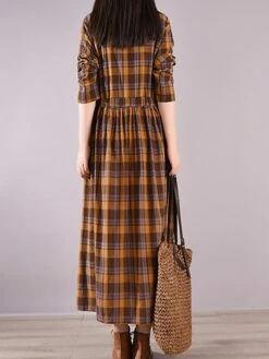 Women's Casual Dress Cotton Linen Dress Plaid Dress Midi Dress Linen / Cotton Blend Fashion Basic Outdoor Daily Holiday Stand Collar Pocket Print Long Sleeve Fall Winter Autumn 2023 Loose Fit Yellow -LIGHTINTHEBOX Shop unygwd1693553158261