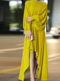 Women's Semi Formal Dress Plain Dress High Low Dress Long Dress Maxi Dress Ruched Asymmetrical Party Date Going Out Elegant Classic Crew Neck Long Sleeve 2023 Loose Fit Yellow Red Purple Color S M L -LIGHTINTHEBOX Shop unzmaa1694426591506