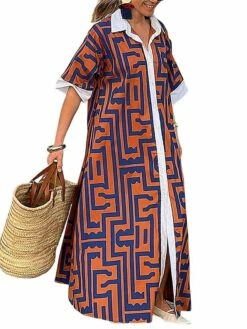 Women's Shirt Dress Casual Dress Maxi Long Dress Outdoor Daily Vacation Polyester Fashion Basic Shirt Collar Button Split Short Sleeve Summer Spring 2023 Loose Fit Orange Geometric S M L XL -LIGHTINTHEBOX Shop unzzks1689226819512