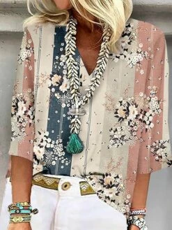 Women's Shirt Blouse Pink Red Blue Floral Print Half Sleeve Casual Holiday Basic V Neck Regular Fit Floral