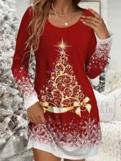 Women's Christmas Work Dress Casual Dress Winter Dress Daily Mini Dress Print Crew Neck Long Sleeve Tree Loose Fit Wine Navy Blue Brown Fall Winter