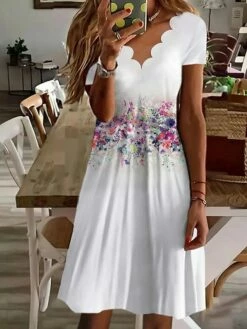 Women's Casual Dress Mini Dress White Short Sleeve Floral Ruched Summer Spring Scalloped Neck Elegant Loose Fit 2023 S M L XL XXL