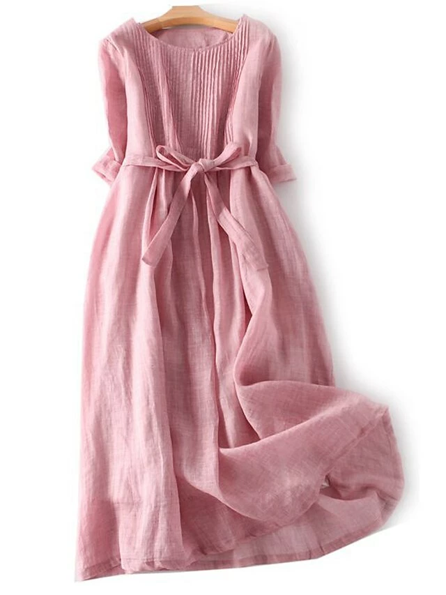 Women's Casual Dress A Line Dress Midi Dress Polyester Fashion Daily Outdoor Daily Vacation Crew Neck Ruched Tie Belt Long Sleeve Fall Winter Autumn 2023 Loose Fit Yellow Pink Purple Plain M L XL 2XL 6 Women's Casual Dress A Line Dress Midi Dress Polyester Fashion Daily Outdoor Daily Vacation Crew Neck Ruched Tie Belt Long Sleeve Fall Winter Autumn 2023 Loose Fit Yellow Pink Purple Plain M L XL 2XL - Image 4