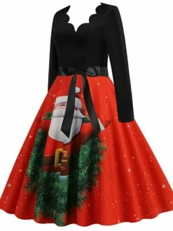 Women's Christmas Casual Dress Swing Dress Midi Dress Green Wine Light Red Fuchsia Red Long Sleeve Santa Claus Elk Bow Print Winter Fall V Neck Vacation Vintage 2022 S M L XL XXL 3XL -LIGHTINTHEBOX Shop uqgnfq1666761909708
