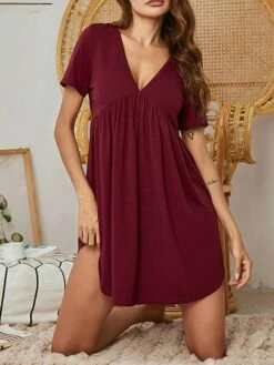 Women's Casual Dress Night Dress Mini Dress Daily Casual Ruched Solid Color V Neck Home Lounge Black Wine 2023 Summer Spring S M L XL -LIGHTINTHEBOX Shop uqhixz1692771039008