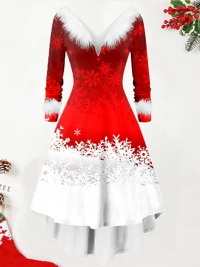 Women's Christmas Swing Dress Vintage Dress Midi Dress Green Silver Wine Red Brown White Long Sleeve Print Plus High Low Print Winter Fall V Neck Vintage Romantic Traditional 2022 S M L XL 2XL 3 Women's Christmas Swing Dress Vintage Dress Midi Dress Green Silver Wine Red Brown White Long Sleeve Print Plus High Low Print Winter Fall V Neck Vintage Romantic Traditional 2022 S M L XL 2XL