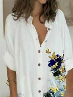 Women's Shirt Dress Casual Dress Shift Dress Mini Dress Outdoor Daily Vacation Polyester Fashion Casual Stand Collar Button Pocket Long Sleeve Fall 2023 Regular Fit White Butterfly S M L XL 2XL -LIGHTINTHEBOX Shop uqolow1693386910239