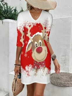 Women's Casual Dress Christmas Dress Print Dress Santa Claus Deer Print V Neck Midi Dress Classic Christmas Daily 3/4 Length Sleeve Regular Fit White Red Green Fall S M L XL XXL -LIGHTINTHEBOX Shop urbzvo1695203192161