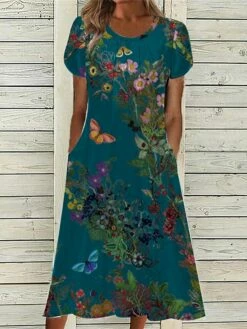 Women's Casual Dress Summer Dress Print Dress Floral Ruched Pocket Crew Neck Midi Dress Fashion Mature Outdoor Daily Short Sleeve Loose Fit White Red Blue Summer Spring S M L XL XXL -LIGHTINTHEBOX Shop urlmme1679393393898