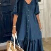 Women's Casual Dress Denim Shirt Dress Midi Dress Denim Fashion Modern Outdoor Daily V Neck Ruffle Button Half Sleeve Summer Spring Fall 2023 Loose Fit Navy Blue Blue Plain S M L XL -LIGHTINTHEBOX Shop urprcp1682416645860
