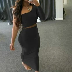 Women's Dress Set Two Piece Dress Skirt Set Long Dress Maxi Dress Black White Pink Long Sleeve Pure Color Cold Shoulder Summer Spring One Shoulder Stylish Winter Dress Fall Dress 2023 S M L -LIGHTINTHEBOX Shop uscsmi1640164791520
