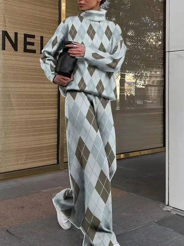 Women's Shirt Pants Sets Black Red Green Geometric Plaid Houndstooth Print Long Sleeve Casual Daily Streetwear Turtleneck Regular Fit Fall & Winter 6 Women's Shirt Pants Sets Black Red Green Geometric Plaid Houndstooth Print Long Sleeve Casual Daily Streetwear Turtleneck Regular Fit Fall & Winter - Image 4