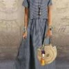 Women's Casual Dress A Line Dress Summer Dress Long Dress Maxi Dress Cotton Fashion Streetwear Outdoor Daily Vacation Crew Neck Print Short Sleeve Summer Spring 2023 Loose Fit Gray Striped S M L XL