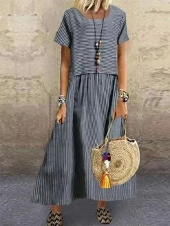 Women's Casual Dress A Line Dress Summer Dress Long Dress Maxi Dress Cotton Fashion Streetwear Outdoor Daily Vacation Crew Neck Print Short Sleeve Summer Spring 2023 Loose Fit Gray Striped S M L XL