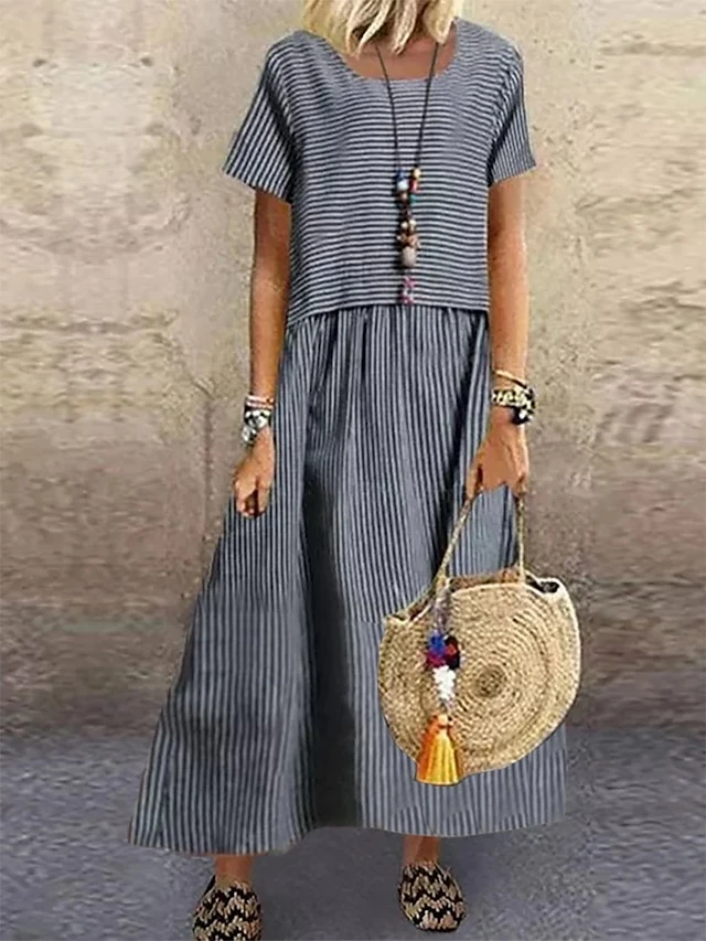 Women's Casual Dress A Line Dress Summer Dress Long Dress Maxi Dress Cotton Fashion Streetwear Outdoor Daily Vacation Crew Neck Print Short Sleeve Summer Spring 2023 Loose Fit Gray Striped S M L XL 3 Women's Casual Dress A Line Dress Summer Dress Long Dress Maxi Dress Cotton Fashion Streetwear Outdoor Daily Vacation Crew Neck Print Short Sleeve Summer Spring 2023 Loose Fit Gray Striped S M L XL