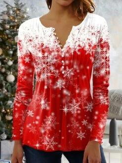 Women's Shirt Christmas Shirt Black Pink Red Snowflake Button Print 3/4 Length Sleeve Christmas Weekend Streetwear Round Neck Regular Fit