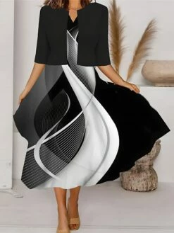 Women's Two Piece Dress Set Casual Dress Tank Dress Outdoor Daily Fashion Streetwear Pocket Print Midi Dress V Neck 3/4 Length Sleeve Geometric Color Block Regular Fit Black White Blue Spring Fall S