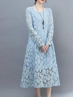 Women's Work Dress Lace Dress Black Dress Fashion Midi Dress Lace Crew Neck Long Sleeve Plain Loose Fit Black White Pink Fall Winter M L XL XXL 3XL -LIGHTINTHEBOX Shop utzbgl1693300607164