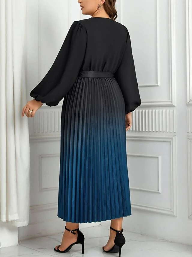Women's Plus Size Curve Party Dress Casual Dress Sheath Dress Gradient Midi Dress Long Sleeve Lace Up Pleated V Neck Fashion Party Deep Blue Fall Winter XL XXL 3XL 4XL 5 Women's Plus Size Curve Party Dress Casual Dress Sheath Dress Gradient Midi Dress Long Sleeve Lace Up Pleated V Neck Fashion Party Deep Blue Fall Winter XL XXL 3XL 4XL - Image 3