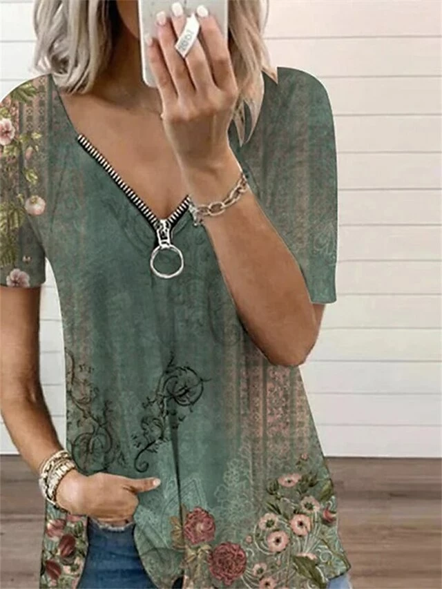 Women's T Shirt Tee Blue Purple Orange Floral Quarter Zip Print Short Sleeve Casual Holiday Basic V Neck Regular Fit Floral Sleeveless 5 Women's T Shirt Tee Blue Purple Orange Floral Quarter Zip Print Short Sleeve Casual Holiday Basic V Neck Regular Fit Floral Sleeveless - Image 3