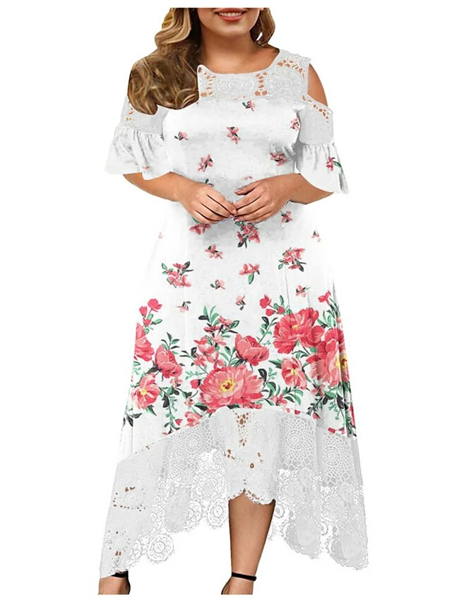 Women‘s Plus Size Curve Holiday Dress Floral Crew Neck Lace Half Sleeve Fall Spring Maxi Long Dress Date Vacation Dress Print 16 Women‘s Plus Size Curve Holiday Dress Floral Crew Neck Lace Half Sleeve Fall Spring Maxi Long Dress Date Vacation Dress Print - Image 14