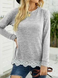 T Shirt Tee Women's Black Red Green Solid / Plain Color Pocket Lace Trims Daily Fashion Round Neck Regular Fit S