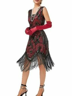 Women's Retro 1920s Fringe Dress Midi Dress Party Halloween Sequins Tassel Fringe Geometric V Neck Sleeveless Regular Fit Spring Fall 2023 Black Red XS S M L -LIGHTINTHEBOX Shop uwcimh1692947259827
