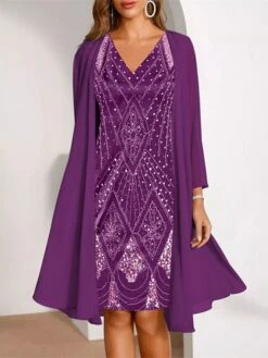 Women's Dress Set Two Piece Dress Church Dress Midi Dress Black Wine Purple Long Sleeve Geometric Print Summer Spring Fall V Neck Fashion Wedding Guest Spring Dress 2023 M L XL XXL 3XL -LIGHTINTHEBOX Shop uwsyoj1650878410656