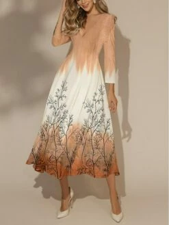 Women's Casual Dress Swing Dress Print Dress Tree Print V Neck Long Dress Maxi Dress Fashion Streetwear Outdoor Vacation 3/4 Length Sleeve Regular Fit Pink Blue Orange Spring Fall S M L XL XXL -LIGHTINTHEBOX Shop uwxjfs1694590496128