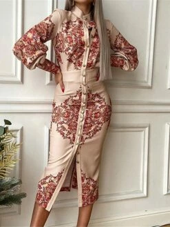 Women's Shirt Dress Casual Dress Bodycon Midi Dress Outdoor Office Daily Polyester Fashion Romantic Stand Collar Button Print Long Sleeve Summer Spring Fall 2023 Slim Blue Khaki Floral S M L XL 2XL -LIGHTINTHEBOX Shop uwyuvw1689227626638