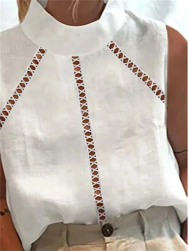 Women's Tank Top Linen White Plain Cut Out Sleeveless Casual Fashion Basic Elegant Standing Collar Regular Fit 5 Women's Tank Top Linen White Plain Cut Out Sleeveless Casual Fashion Basic Elegant Standing Collar Regular Fit - Image 3