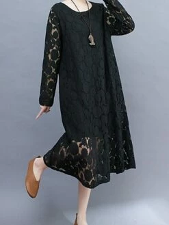 Women's Work Dress Lace Dress Black Dress Fashion Midi Dress Lace Crew Neck Long Sleeve Plain Loose Fit Black White Pink Fall Winter M L XL XXL 3XL -LIGHTINTHEBOX Shop uxrewp1693300609479