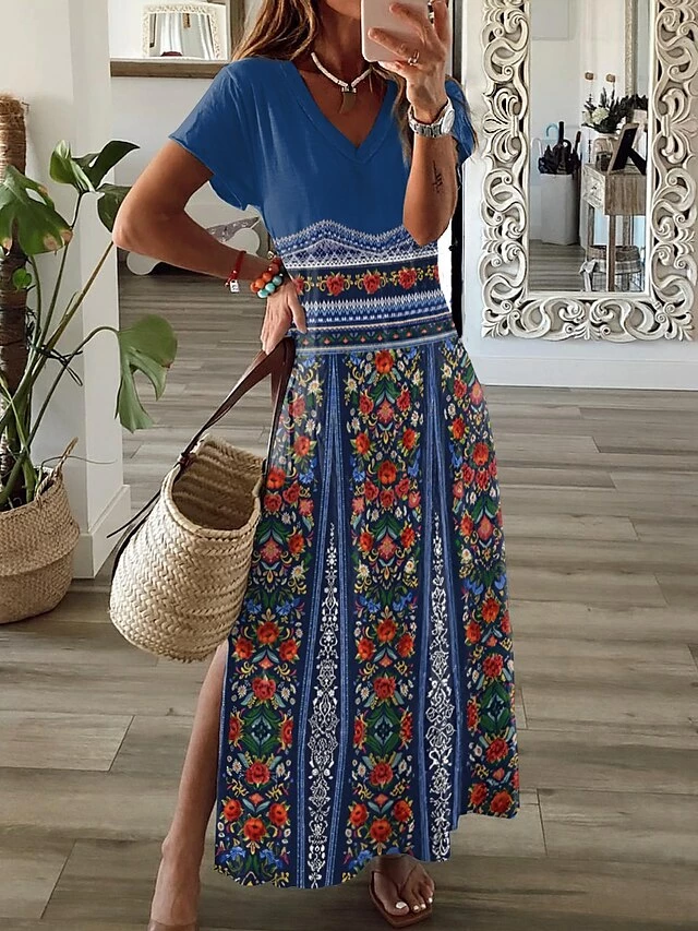 Women's Casual Dress A Line Dress Floral Dress Floral Split Print V Neck Long Dress Maxi Dress Fashion Streetwear Outdoor Daily Short Sleeve Regular Fit Black Blue Summer Spring S M L XL XXL 3 Women's Casual Dress A Line Dress Floral Dress Floral Split Print V Neck Long Dress Maxi Dress Fashion Streetwear Outdoor Daily Short Sleeve Regular Fit Black Blue Summer Spring S M L XL XXL