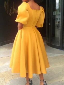 Women‘s Semi Formal Party Dress Wedding Guest Dress Satin Dress Swing Dress Midi Dress Yellow Blue Orange Half Sleeve Pure Color Ruched Winter Fall Square Neck 2023 S M L XL XXL 3XL -LIGHTINTHEBOX Shop uyidww1660640931825