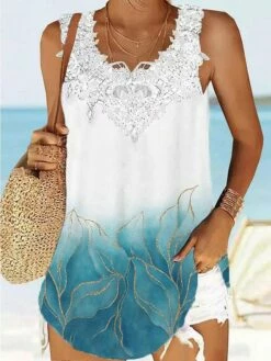 Women's Tank Top White Pink Blue Floral Lace Print Sleeveless Casual Holiday Basic Neon & Bright V Neck Regular Fit Floral