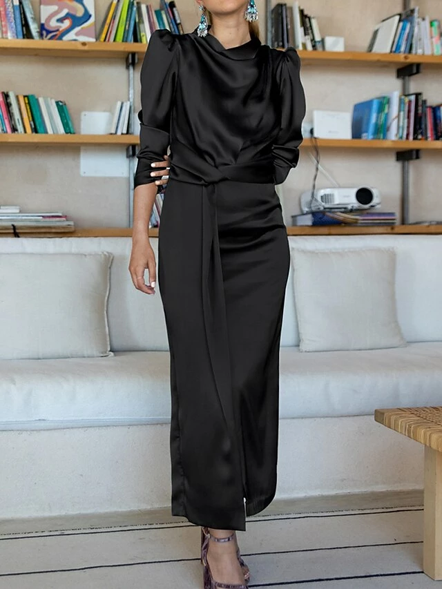 Women's Work Dress Satin Dress Semi Formal Dress Fashion Long Dress Maxi Dress Split Stand Collar Long Sleeve Plain Regular Fit Black Blue Sky Blue Fall Winter S M L XL 17 Women's Work Dress Satin Dress Semi Formal Dress Fashion Long Dress Maxi Dress Split Stand Collar Long Sleeve Plain Regular Fit Black Blue Sky Blue Fall Winter S M L XL - Image 15