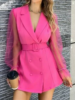 Women's Work Dress Blazer Dress Sheath Dress Fashion Office Daily Workfashion Mesh Sleeve Mini Dress Mesh Button Shirt Collar Long Sleeve Plain Regular Fit Black Dark Green Green Fall Winter S M L