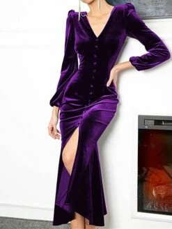 Women's Prom Dress Party Dress Velvet Dress Long Dress Maxi Dress Black Pink Wine Long Sleeve Pure Color Button Fall Winter Autumn V Neck Fashion Winter Dress Birthday Evening Party 2023 S M L XL XXL -LIGHTINTHEBOX Shop uzyrct1693535346713