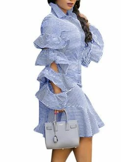 Women's Shirt Dress Sheath Dress Midi Dress Winter Dress Daily Vacation Polyester Cotton Blend Fashion Casual Shirt Collar Lace Up Ruched Long Sleeve Summer Spring Fall 2022 Regular Fit Red Light Blue -LIGHTINTHEBOX Shop vagrex1634352965240