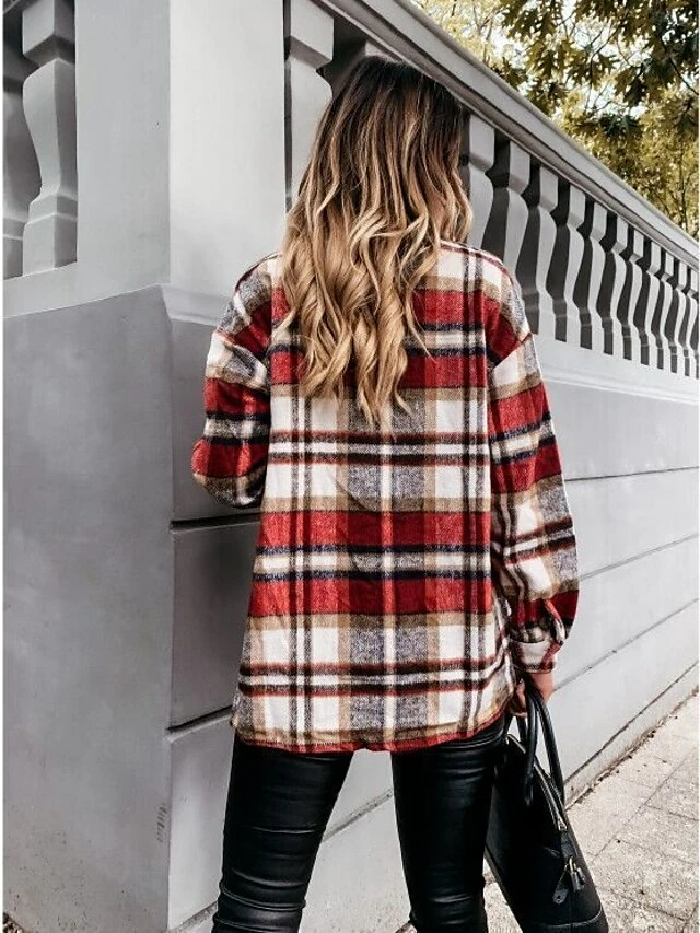 Women's Blouse Shacket Pink Red Blue Plaid Button Pocket Print Long Sleeve Casual Fashion Shirt Collar Regular Fit Spring &Fall 8 Women's Blouse Shacket Pink Red Blue Plaid Button Pocket Print Long Sleeve Casual Fashion Shirt Collar Regular Fit Spring &Fall - Image 6