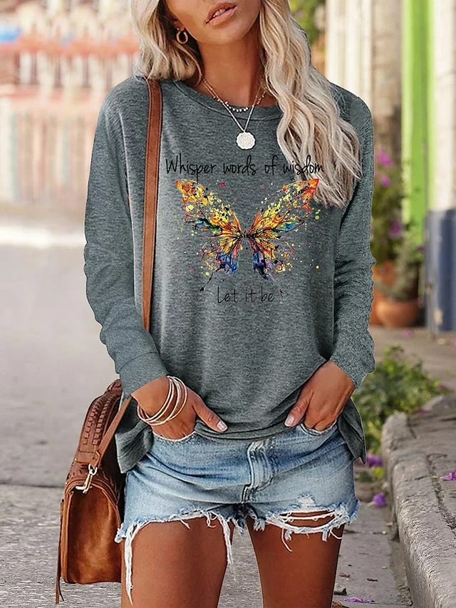 Women's T Shirt Tee Black Pink Blue Butterfly Letter Print Long Sleeve Casual Hawaiian Round Neck Long Loose Fit Butterfly S 3 Women's T Shirt Tee Black Pink Blue Butterfly Letter Print Long Sleeve Casual Hawaiian Round Neck Long Loose Fit Butterfly S
