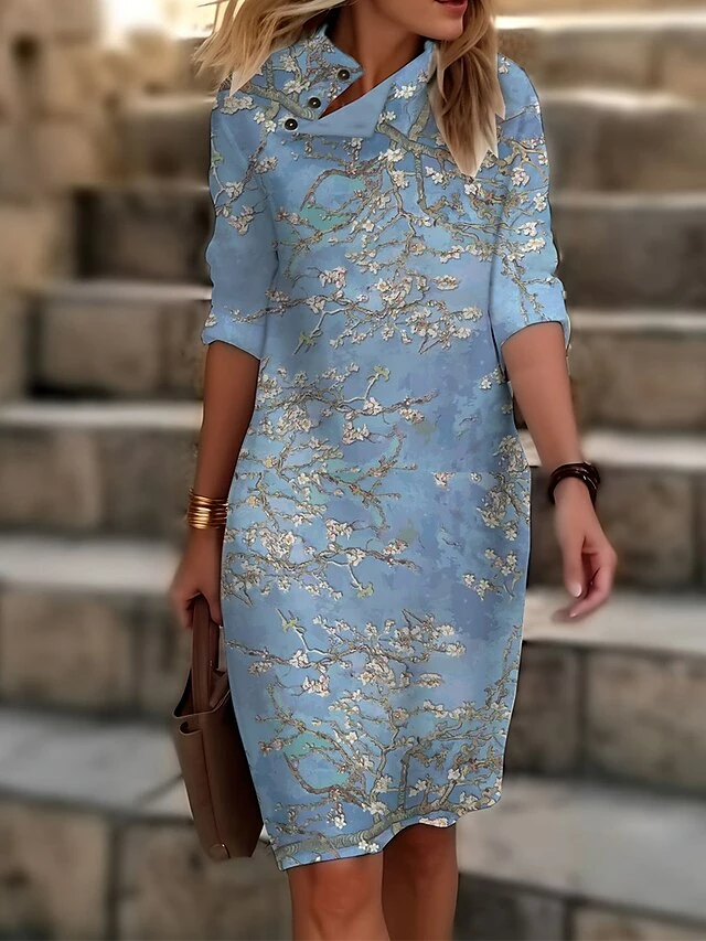 Women's Casual Dress Cotton Linen Dress Shift Dress Midi Dress Polyester Fashion Casual Daily Outdoor Daily Vacation Turtleneck Button Print 3/4 Length Sleeve Summer Spring Fall 2023 Loose Fit Black 6 Women's Casual Dress Cotton Linen Dress Shift Dress Midi Dress Polyester Fashion Casual Daily Outdoor Daily Vacation Turtleneck Button Print 3/4 Length Sleeve Summer Spring Fall 2023 Loose Fit Black - Image 4