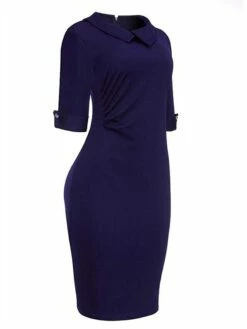 Women's Work Dress Sheath Dress Semi Formal Dress Fashion Office Daily Workfashion Midi Dress Ruched Shirt Collar Half Sleeve Plain Slim Black Wine Navy Blue Fall Winter S M L XL XXL -LIGHTINTHEBOX Shop vbuevt1695030998013