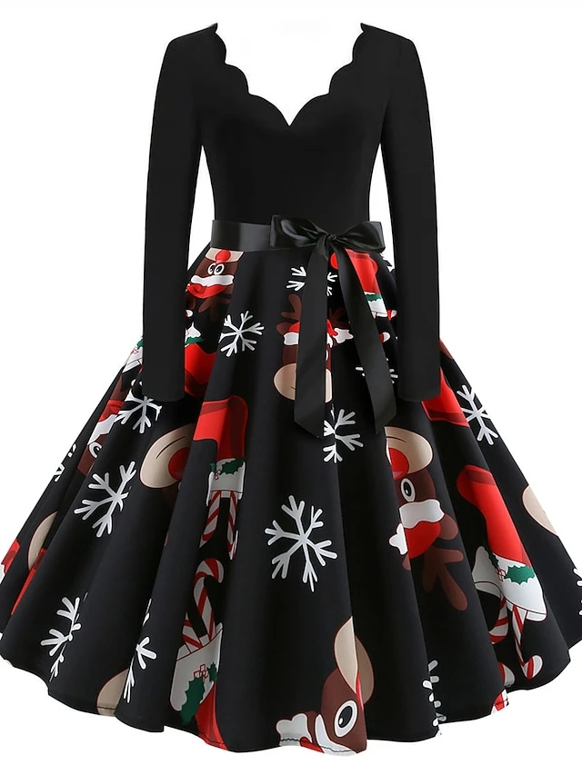 Women's Christmas Retro 1950s Vintage Dress Midi Dress Party Ruched Bow Fruit V Neck Long Sleeve Regular Fit Fall Winter 2023 Deep Green Black S M L XL 4 Women's Christmas Retro 1950s Vintage Dress Midi Dress Party Ruched Bow Fruit V Neck Long Sleeve Regular Fit Fall Winter 2023 Deep Green Black S M L XL - Image 2