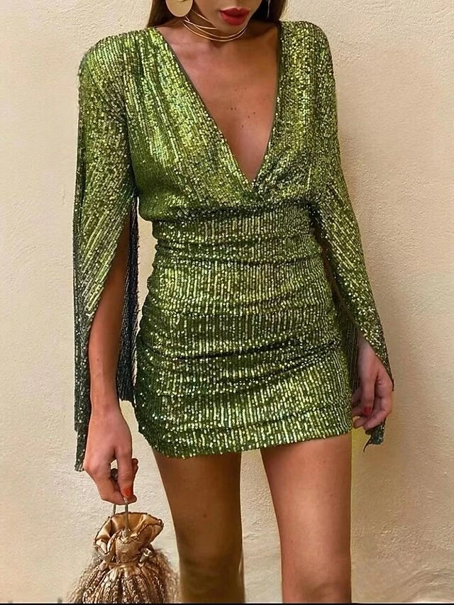 Women‘s Party Dress Sequin Dress Homecoming Dress Cocktail Dress Mini Dress Champagne Dark Green Dark Blue Long Sleeve Pure Color Sparkly Glitter Sequins Spring Fall Winter Deep V Fashion 4 Women‘s Party Dress Sequin Dress Homecoming Dress Cocktail Dress Mini Dress Champagne Dark Green Dark Blue Long Sleeve Pure Color Sparkly Glitter Sequins Spring Fall Winter Deep V Fashion - Image 2