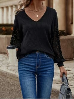 Women's Shirt Blouse Black White Plain Lace Long Sleeve Casual Basic V Neck Regular Fit 13 Women's Shirt Blouse Black White Plain Lace Long Sleeve Casual Basic V Neck Regular Fit -LIGHTINTHEBOX Shop vgahim1692790576688