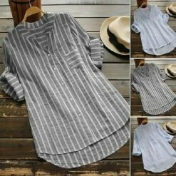 Blouse Women's Light Blue Black Khaki Stripes Button Front Office S